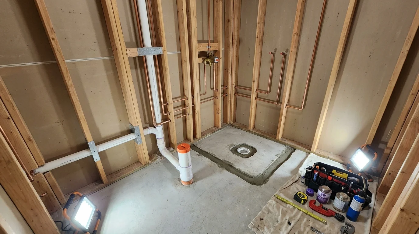 Bathroom rough-in plumbing during remodel by Johns Plumbing LLC in Mansfield