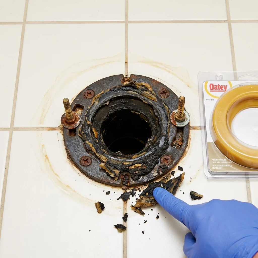 Failed wax ring showing water seepage at the base of a toilet in a Mansfield, PA home