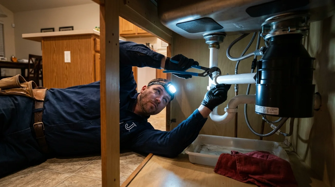 P-trap and supply line connections under a kitchen sink showing a common leak point in Mansfield, PA